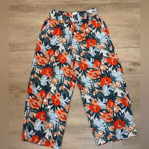 C&C California 100% Linen Floral Wide Leg High Waist Pull On Pants Sz L‎ Boho